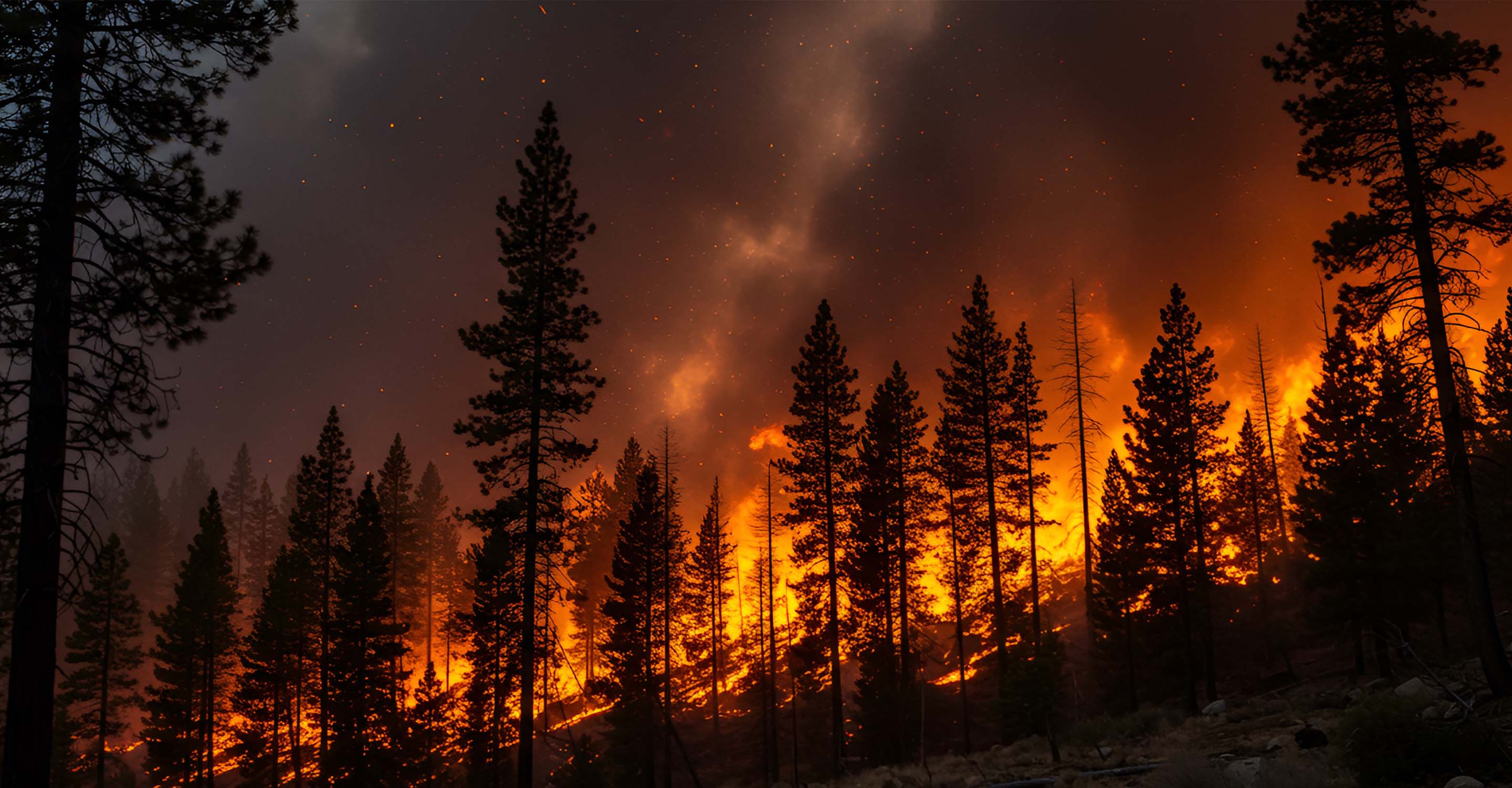 Intense fire burning pine trees
