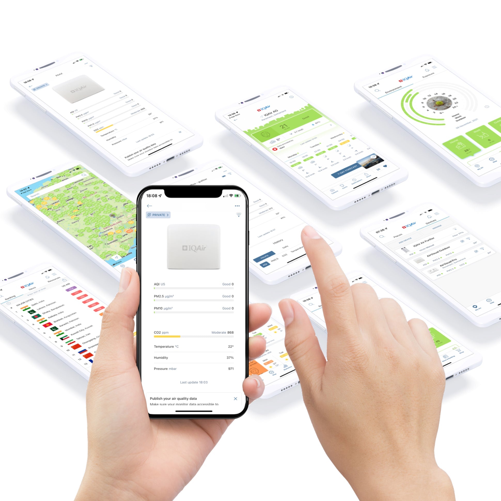 Person holding the phone with the AirVisual App showing 