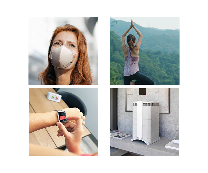 IQAir KN95 mask on a young woman, AirVisual app on a watch, HealthPro Plus air purifier, and a woman doing yoga on a mountain