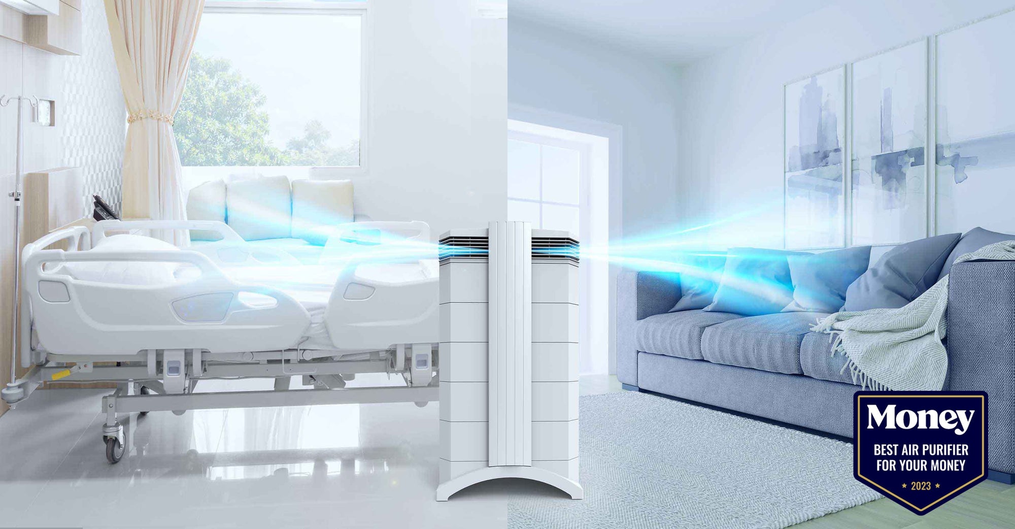 IQAir HealthPro Plus air purifier in action, in a hospital room and a home living area, cleaning the air to enhance indoor air quality.